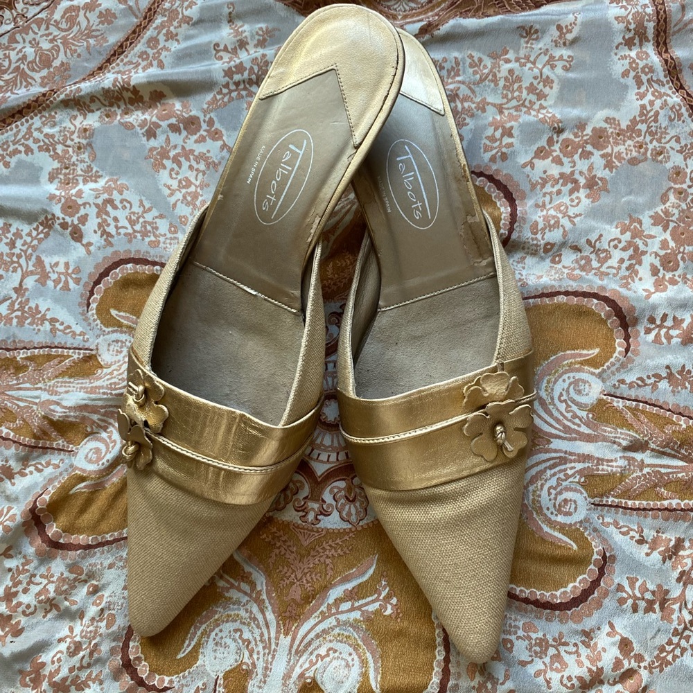Talbots mules. Tan fabric with gold metallic accents.
